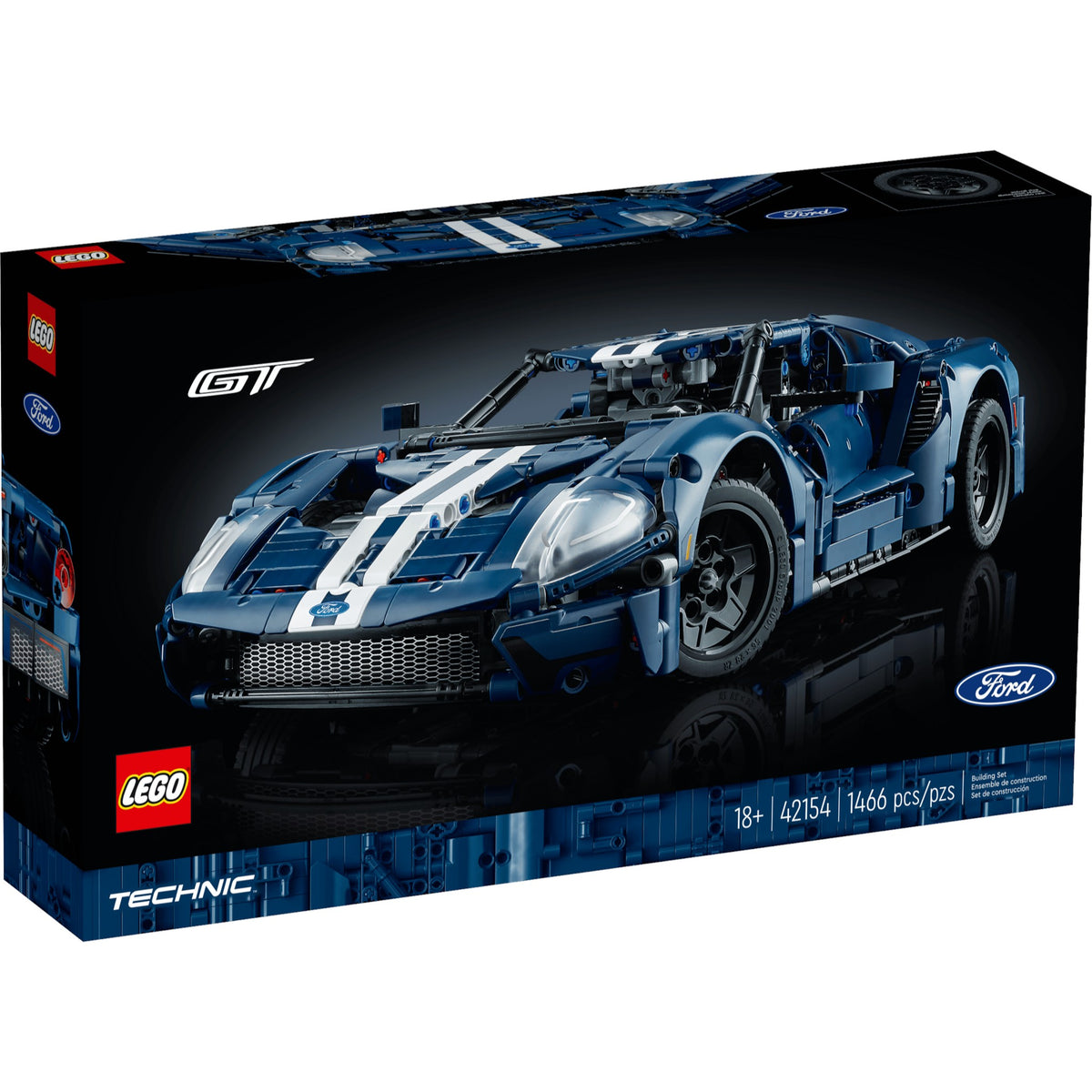 [box-front] A Brick Apart LEGO Technic 2022 Ford GT model kit box featuring a detailed blue supercar with white racing stripes.