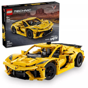Yellow LEGO Technic sports car model with packaging in the background