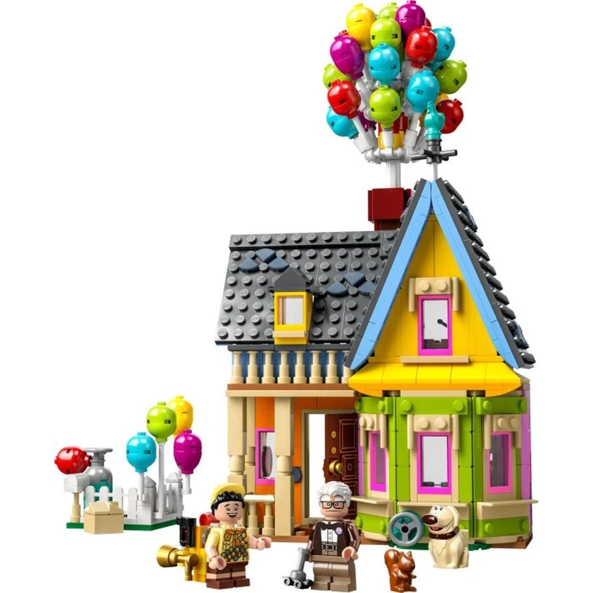 [built-white] LEGO Disney "Up" House set 43217 with colorful balloon bouquet, featuring Carl Fredricksen, Russell, Dug the dog, and squirrel minifigures