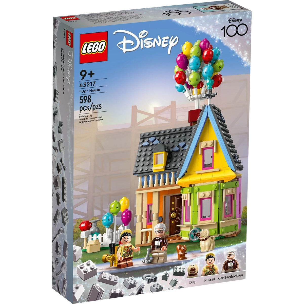 [box-front] LEGO Disney 100 "Up" House box, set 43217, 598 pieces, ages 9+, featuring Carl Fredricksen, Russell, and Dug minifigures