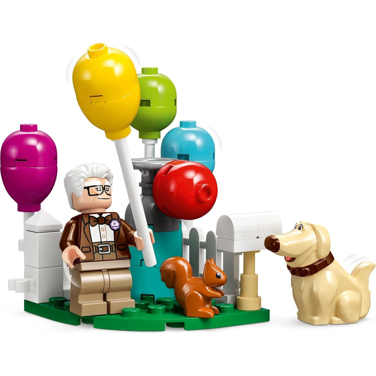 [built-detail] Close-up of LEGO Carl Fredricksen minifigure holding balloons in the garden scene with squirrel and Dug the dog figures
