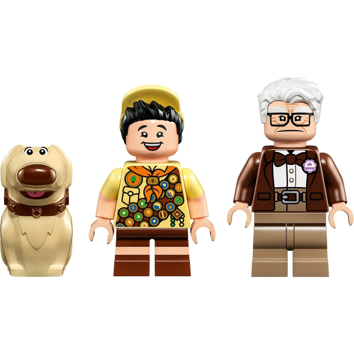 [minifig] LEGO "Up" minifigures: Dug the dog, Russell in scout uniform, and Carl Fredricksen in brown suit and bow tie