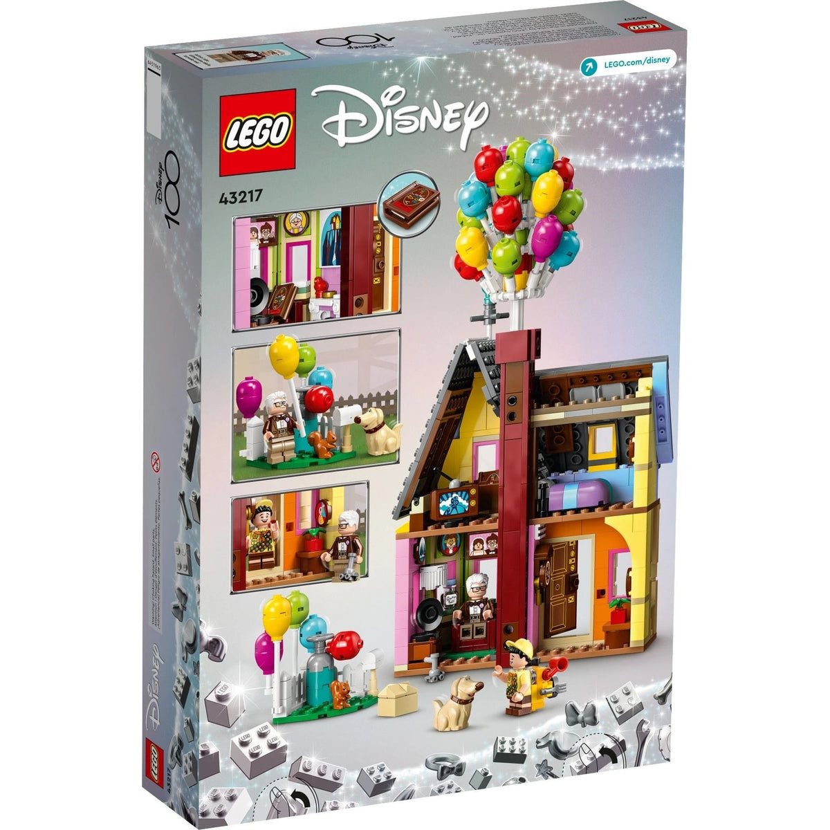 [box-back] LEGO Disney "Up" House box back showing interior details, balloon garden scene, and doorway scene with Russell and Carl