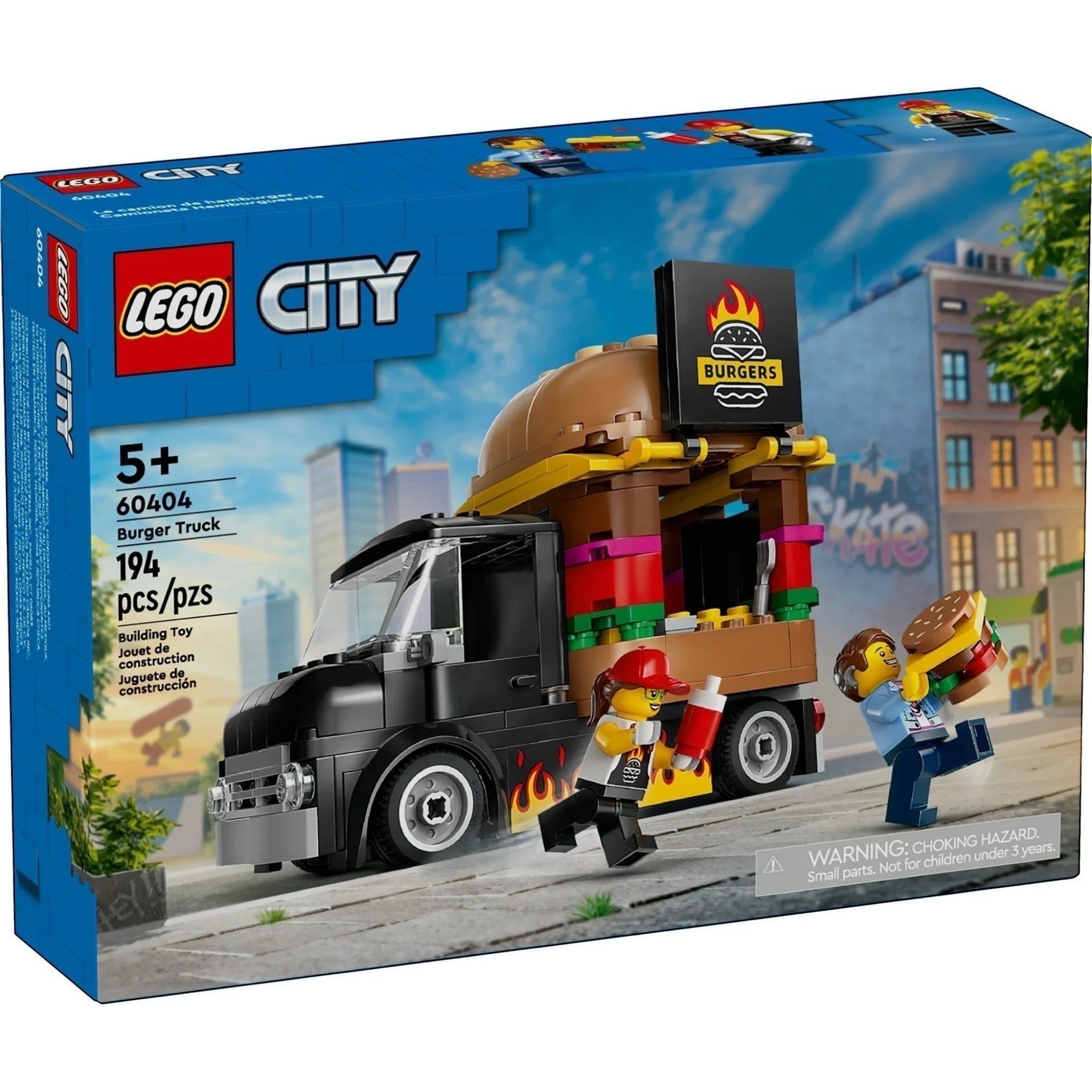 LEGO City Burger Truck set packaging with toy figures and building blocks.