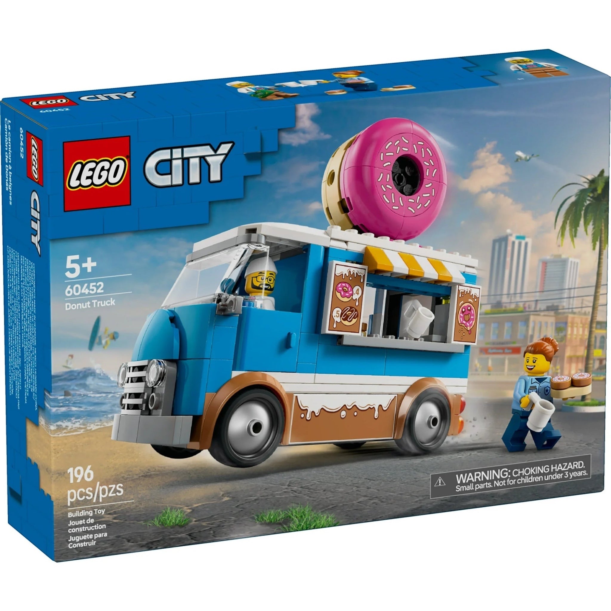 LEGO City Donut Truck set packaging with toy truck and characters on a city street background.