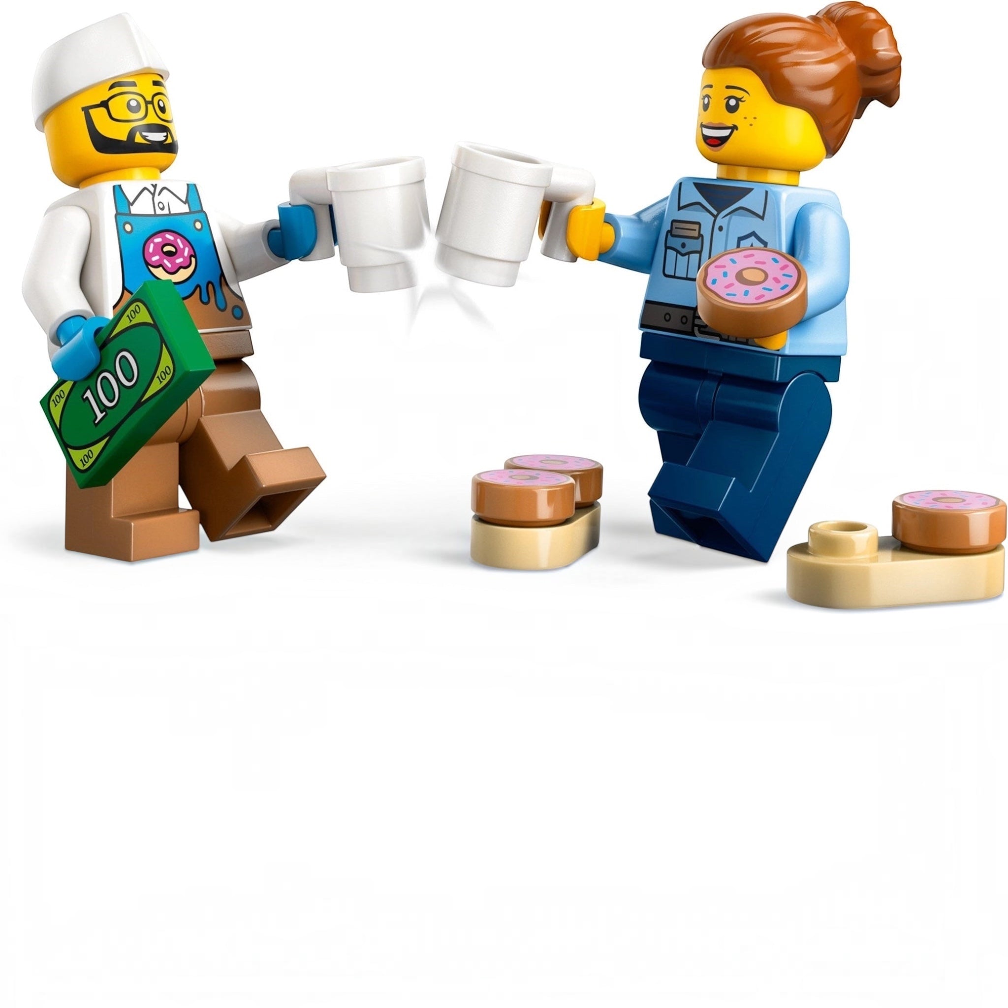 Two LEGO figures, one holding a cup and the other with a donut, on a white background
