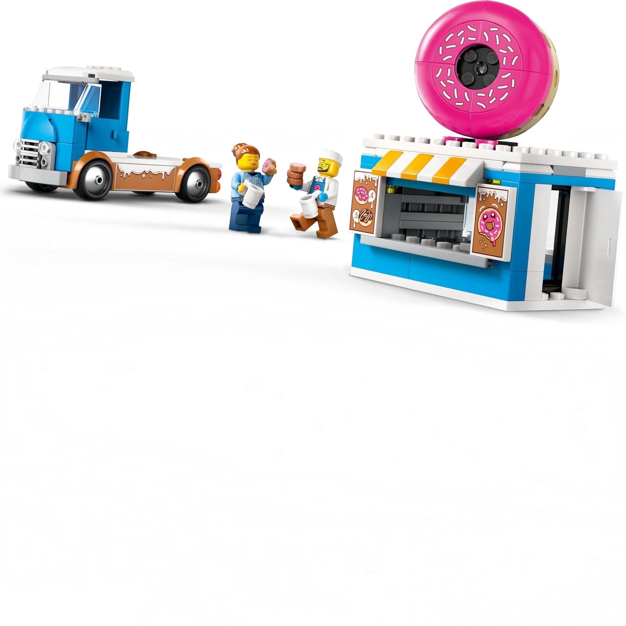 Toy set with a blue truck, donut shop, and figures on a white background