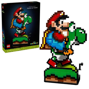 LEGO Mario figure with pixelated design next to its packaging