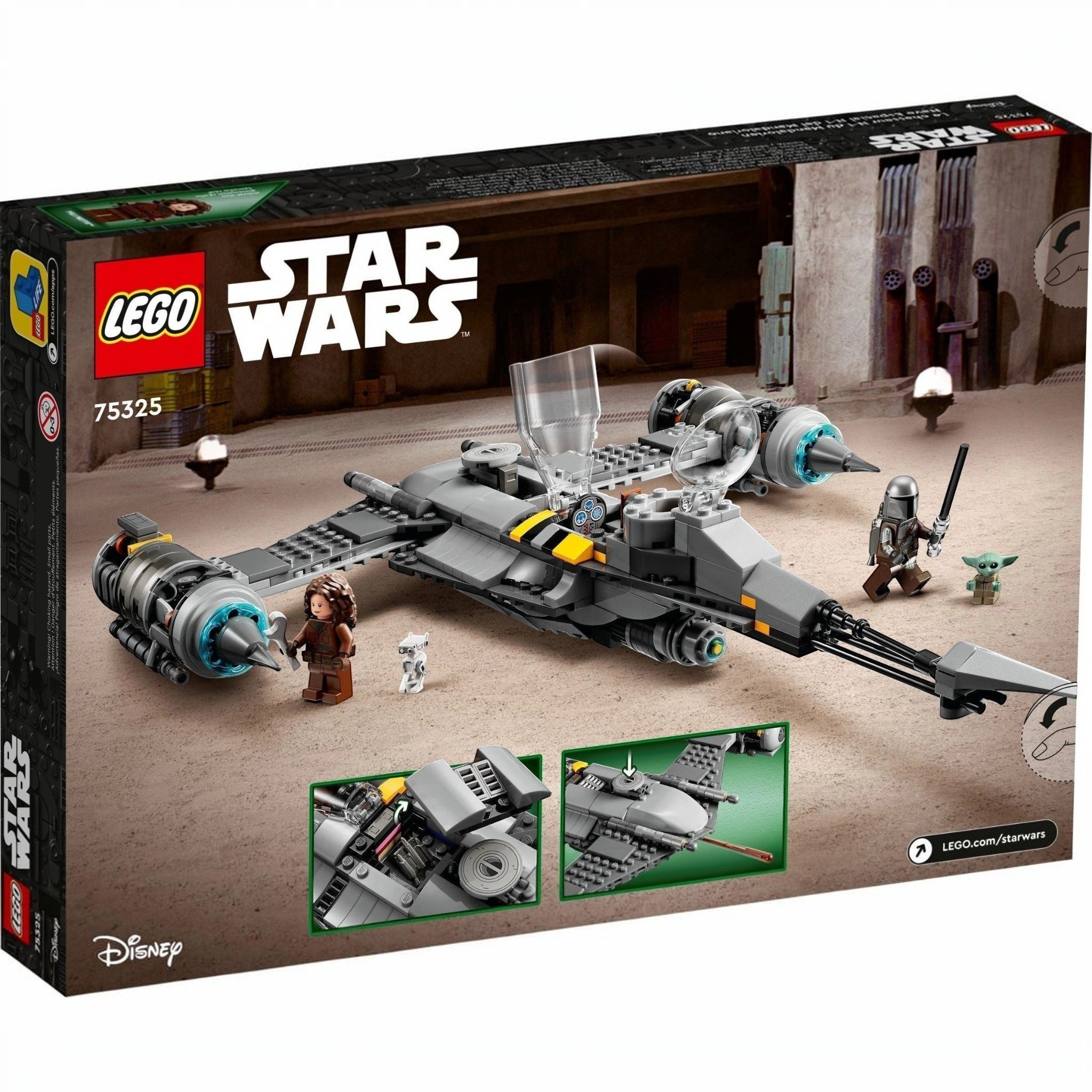 LEGO Star Wars packaging with a spaceship model and characters on a desert planet background.