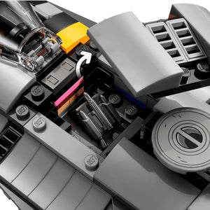 Close-up of a LEGO model with detailed components on a transparent background