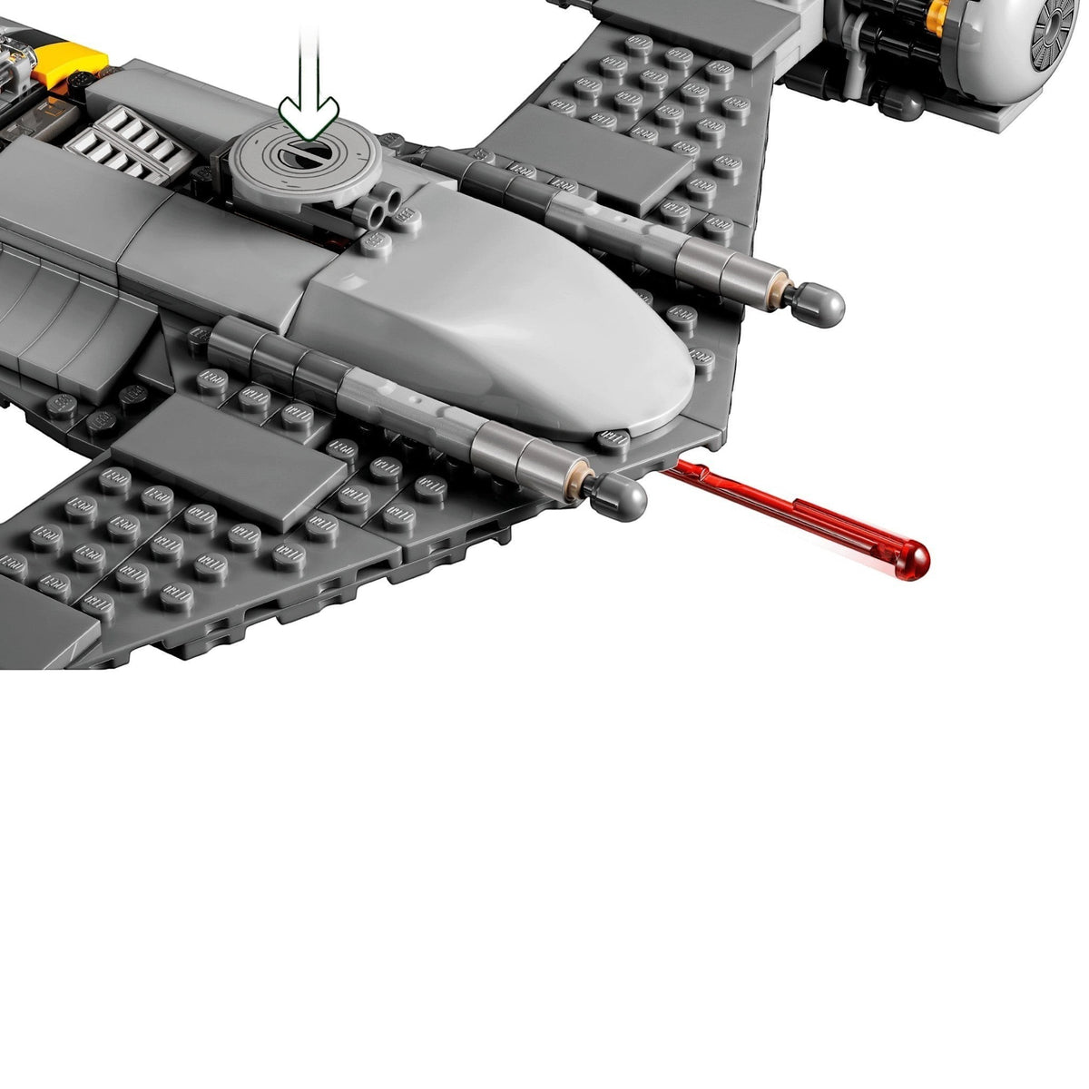 [built-detail] Close-up of a LEGO model of a spaceship with a red laser cannon on a white background