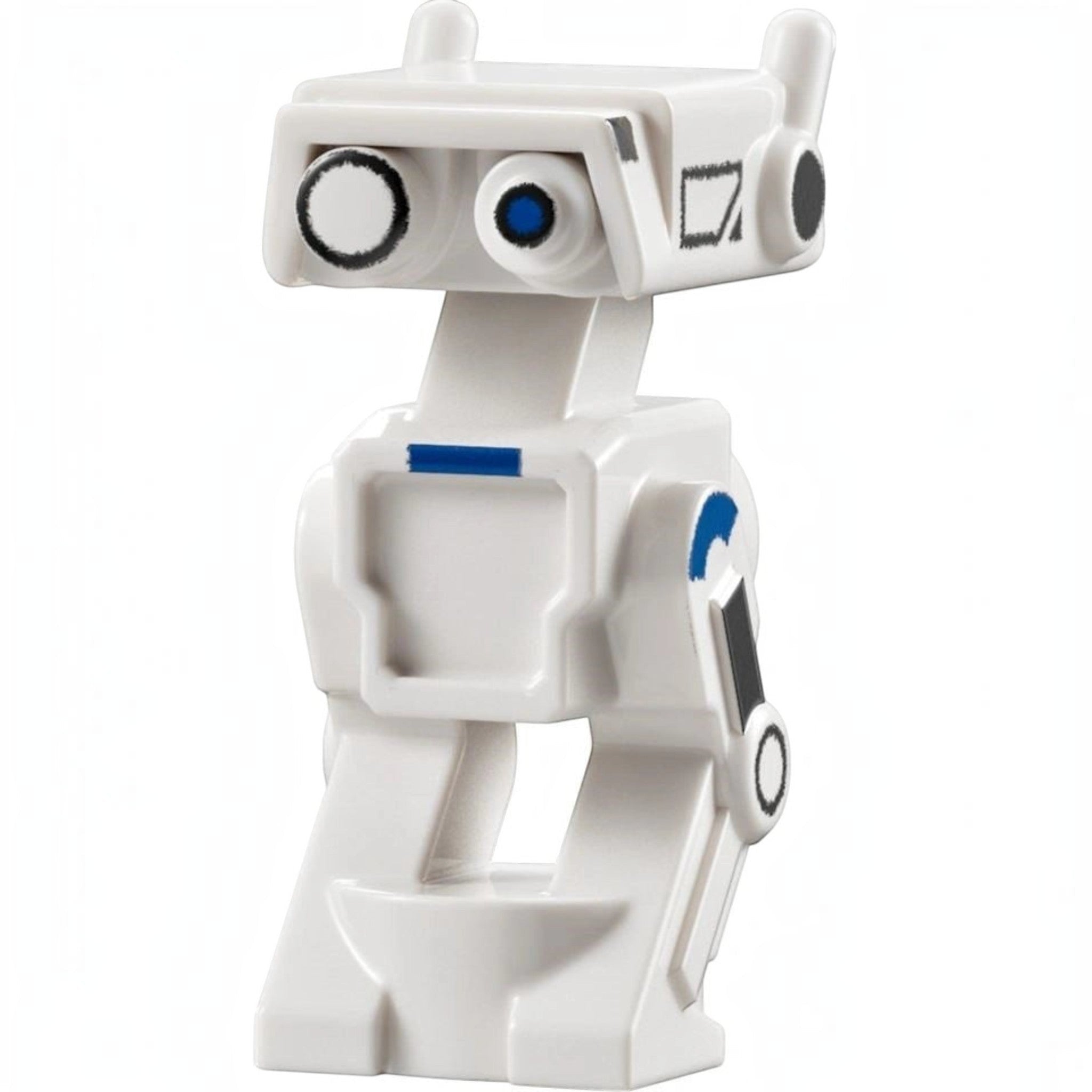 White toy figure with blue accents on a white background