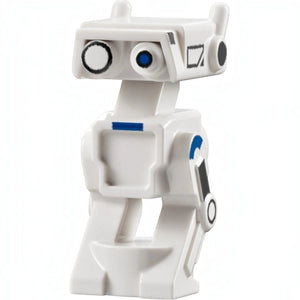 White toy figure with blue accents on a white background