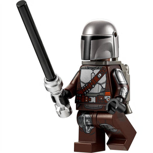 LEGO figure of a character from 'The Mandalorian' holding a weapon on a white background