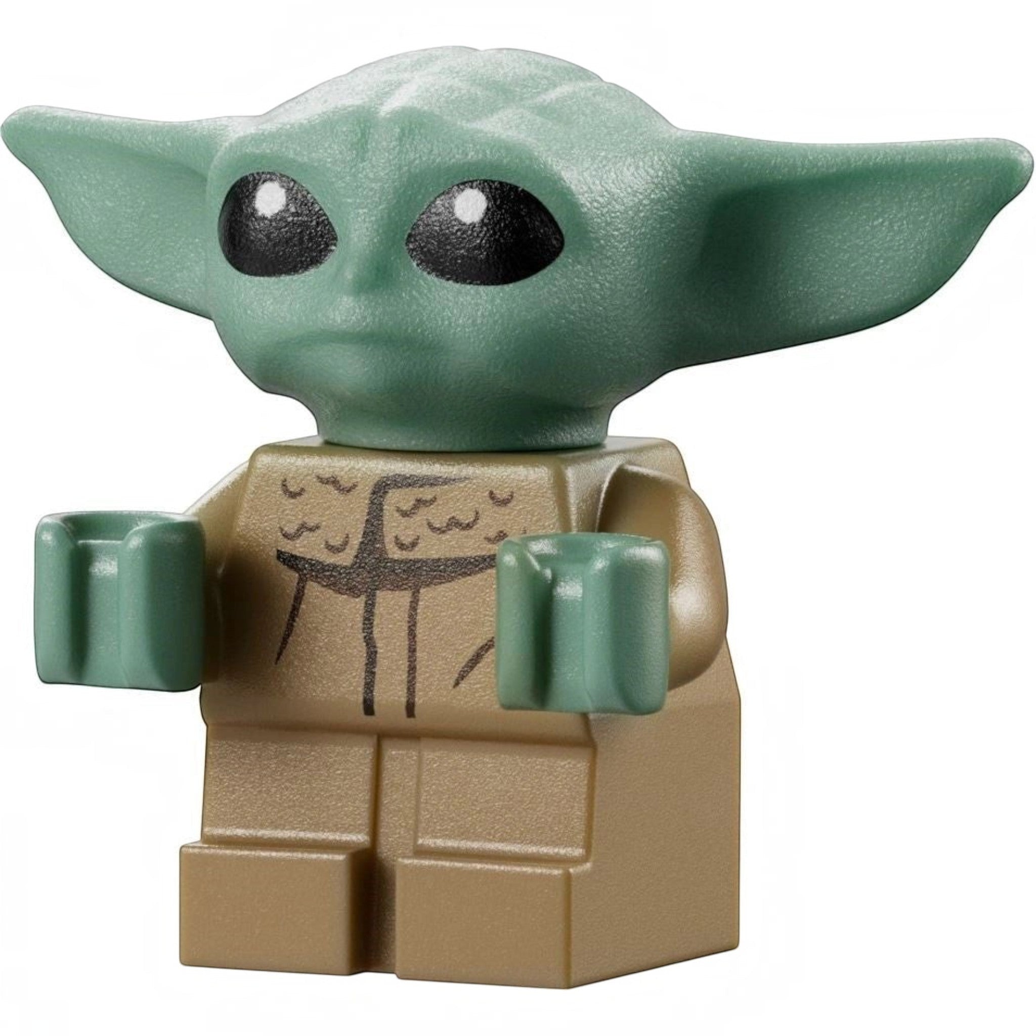 LEGO figure of a green alien with large eyes and a tan outfit on a white background