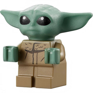 LEGO figure of a green alien with large eyes and a tan outfit on a white background