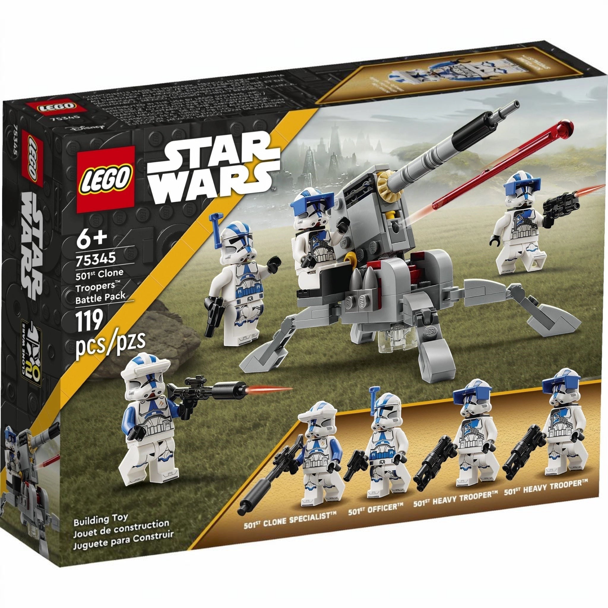 LEGO Star Wars 501st Clone Trooper battle pack box with figures and robot on grassy background