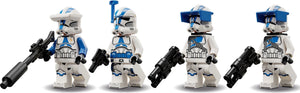 Four LEGO stormtrooper figures with blue accents on a white background