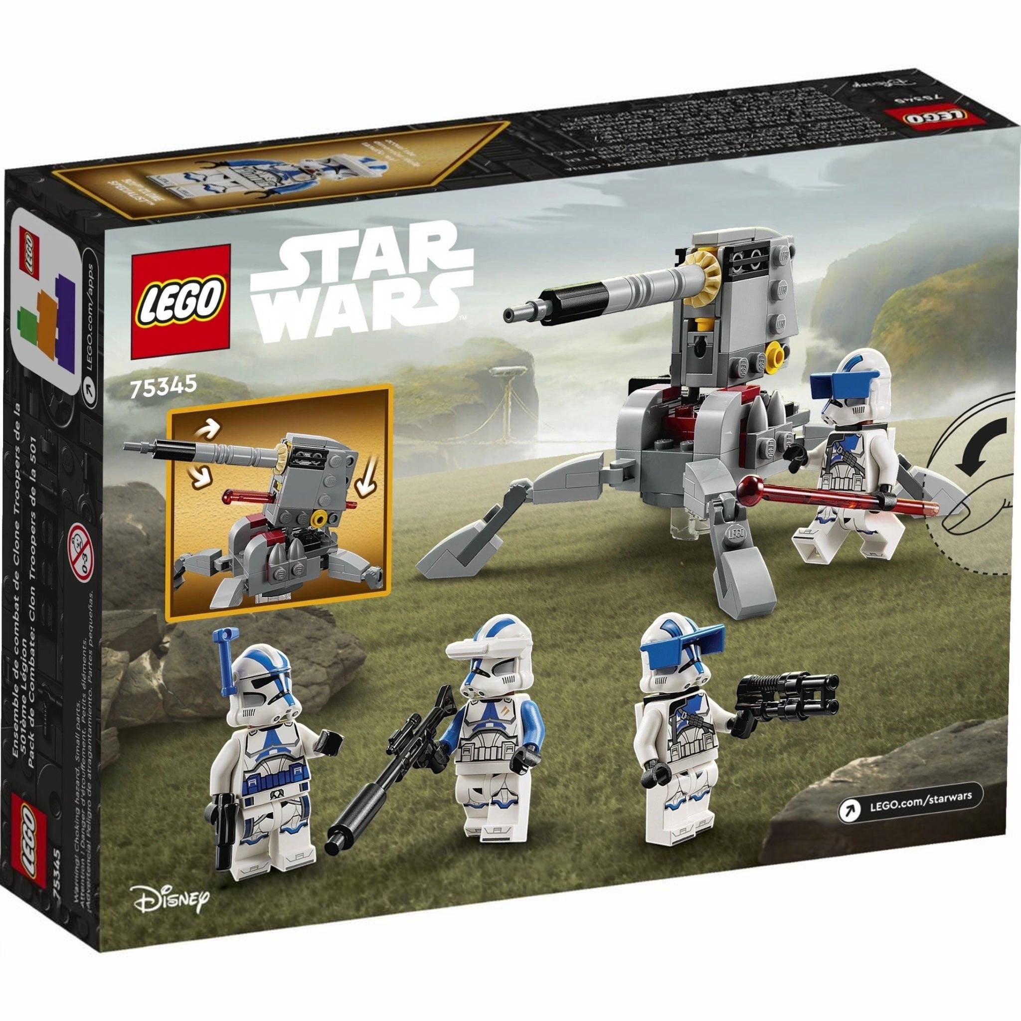 LEGO Star Wars set packaging with figures and vehicle on a desert landscape