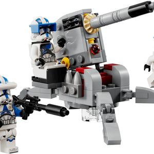 Toy robot with four clone trooper figures on a transparent background