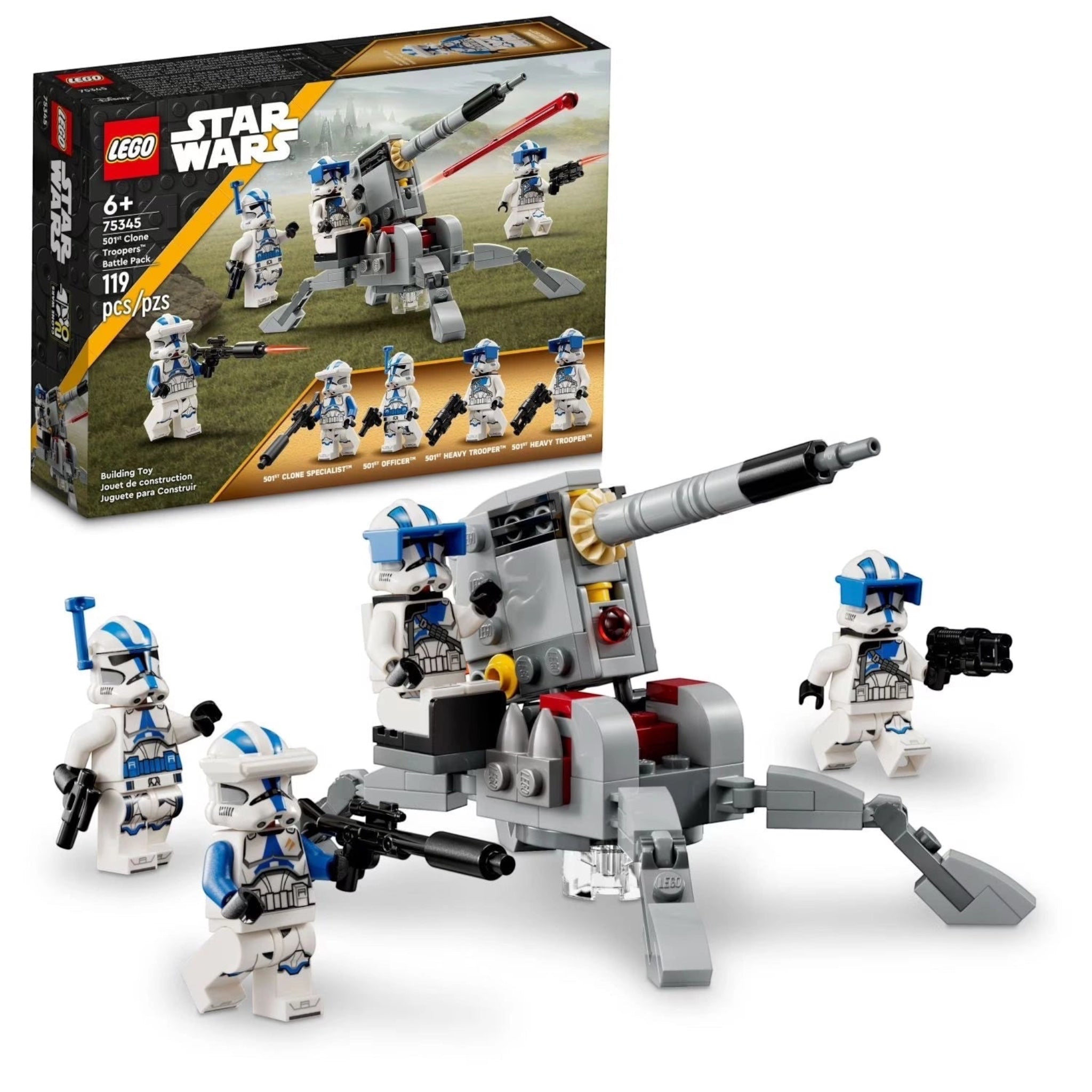 LEGO Star Wars set with figures and vehicle on a white background