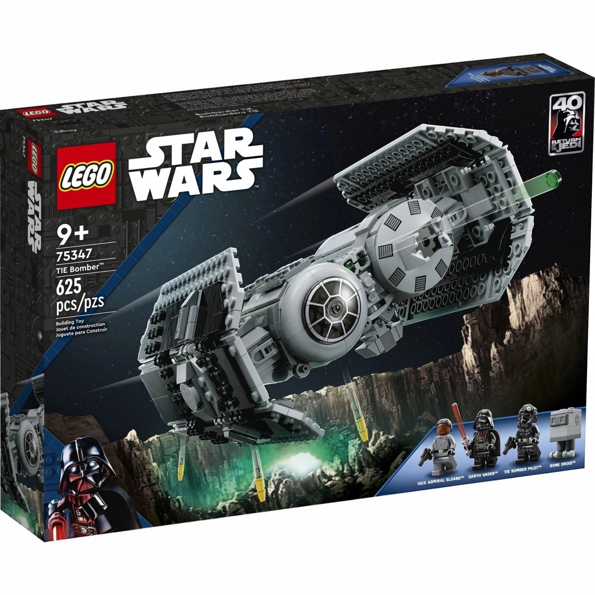 LEGO Star Wars TIE Bomber set packaging with characters and text on a dark background