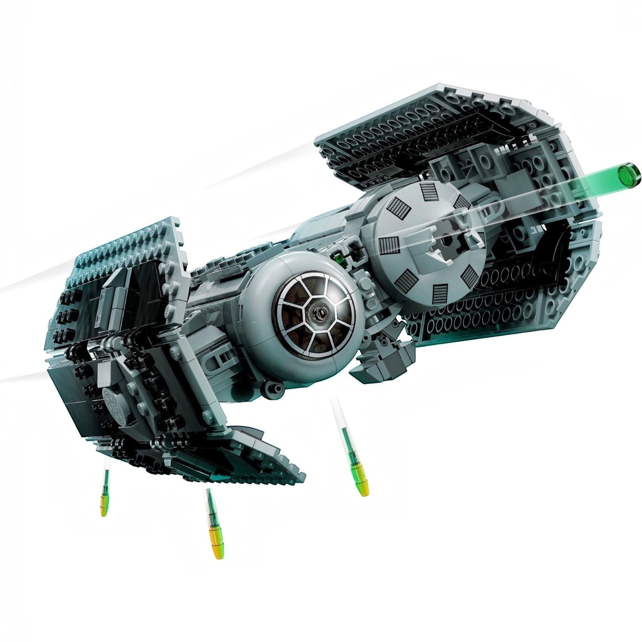 Toy model of a spaceship made from interlocking bricks on a white background