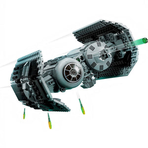 Toy model of a spaceship made from interlocking bricks on a white background
