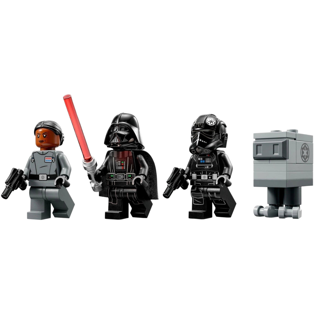 [minifig] Four LEGO minifigures including a character with a red lightsaber, a stormtrooper, and two other characters in dark costumes.