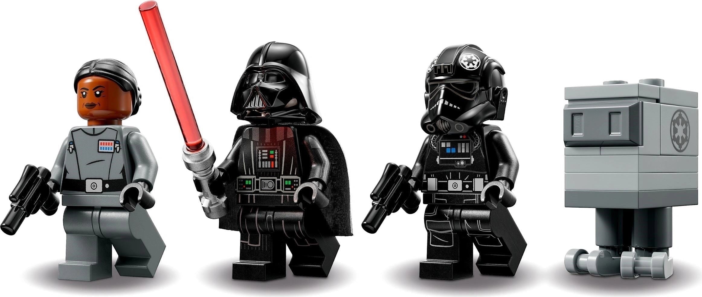 Four LEGO minifigures including a character with a red lightsaber, a stormtrooper, and two other characters in dark costumes.