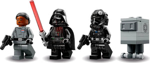 Four LEGO minifigures including a character with a red lightsaber, a stormtrooper, and two other characters in dark costumes.