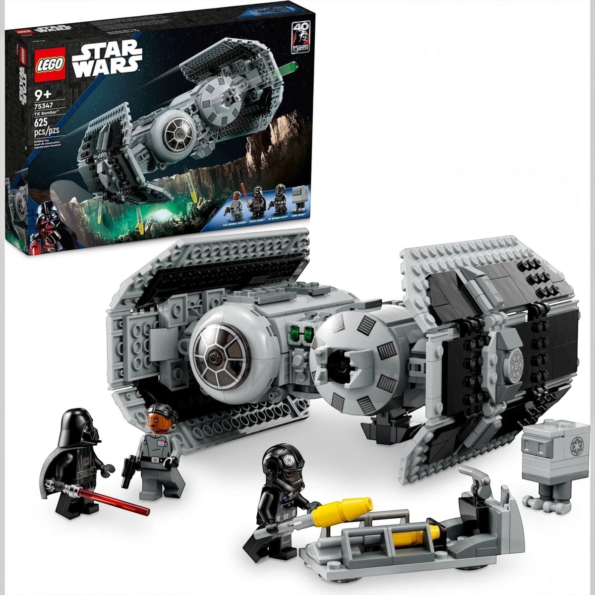 [box-set] LEGO Star Wars set with TIE fighter model and figures on a white background