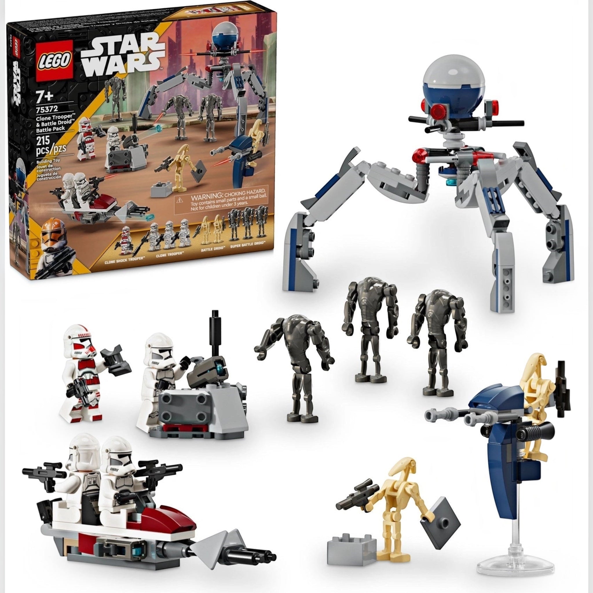 LEGO Star Wars set with various figures and a box on a white background