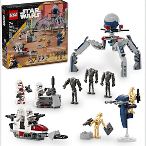 LEGO Star Wars set with various figures and a box on a white background