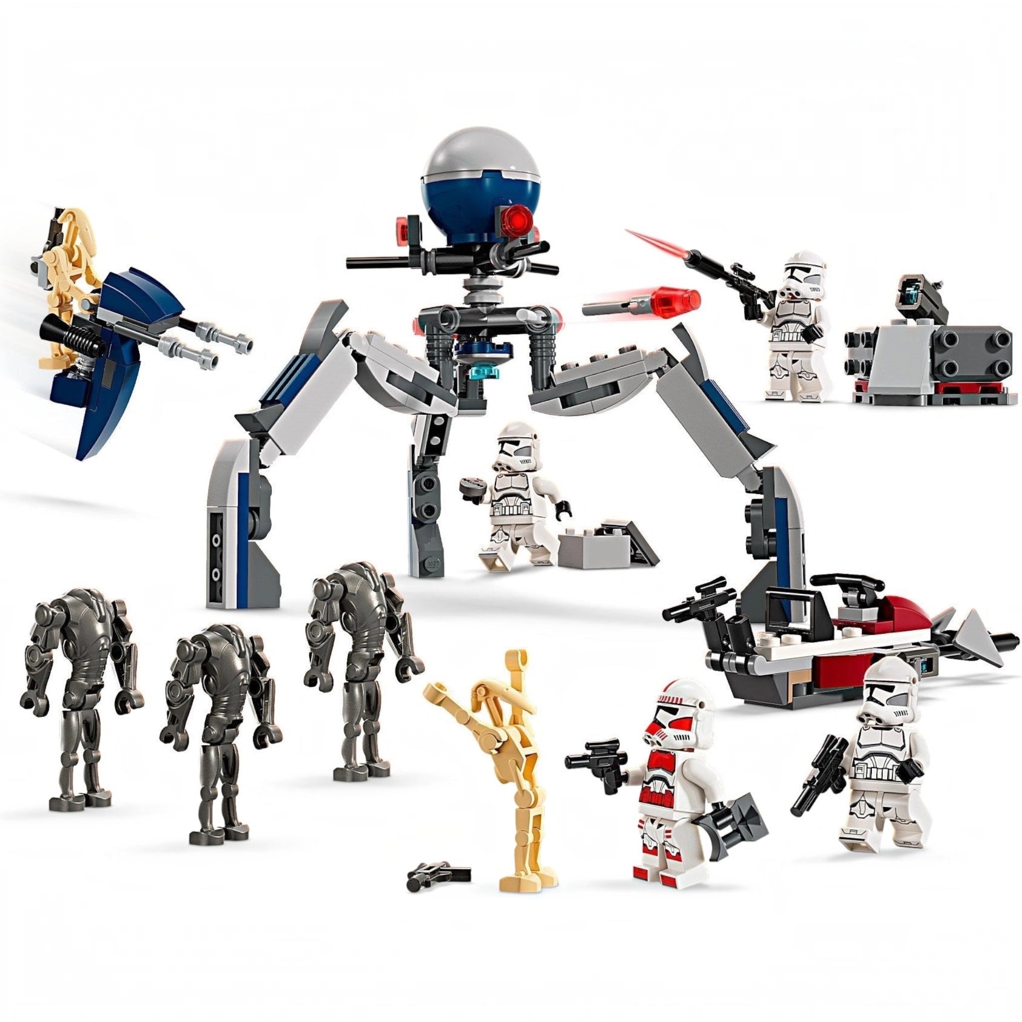 LEGO Star Wars set with various characters and robots on a white background