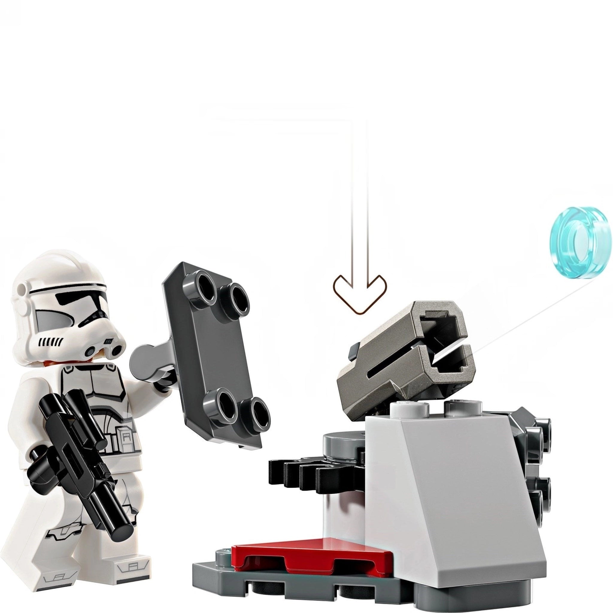 LEGO figure of a stormtrooper with a disassembled head piece on a white background