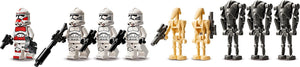 Set of toy figures including stormtroopers and other characters on a white background