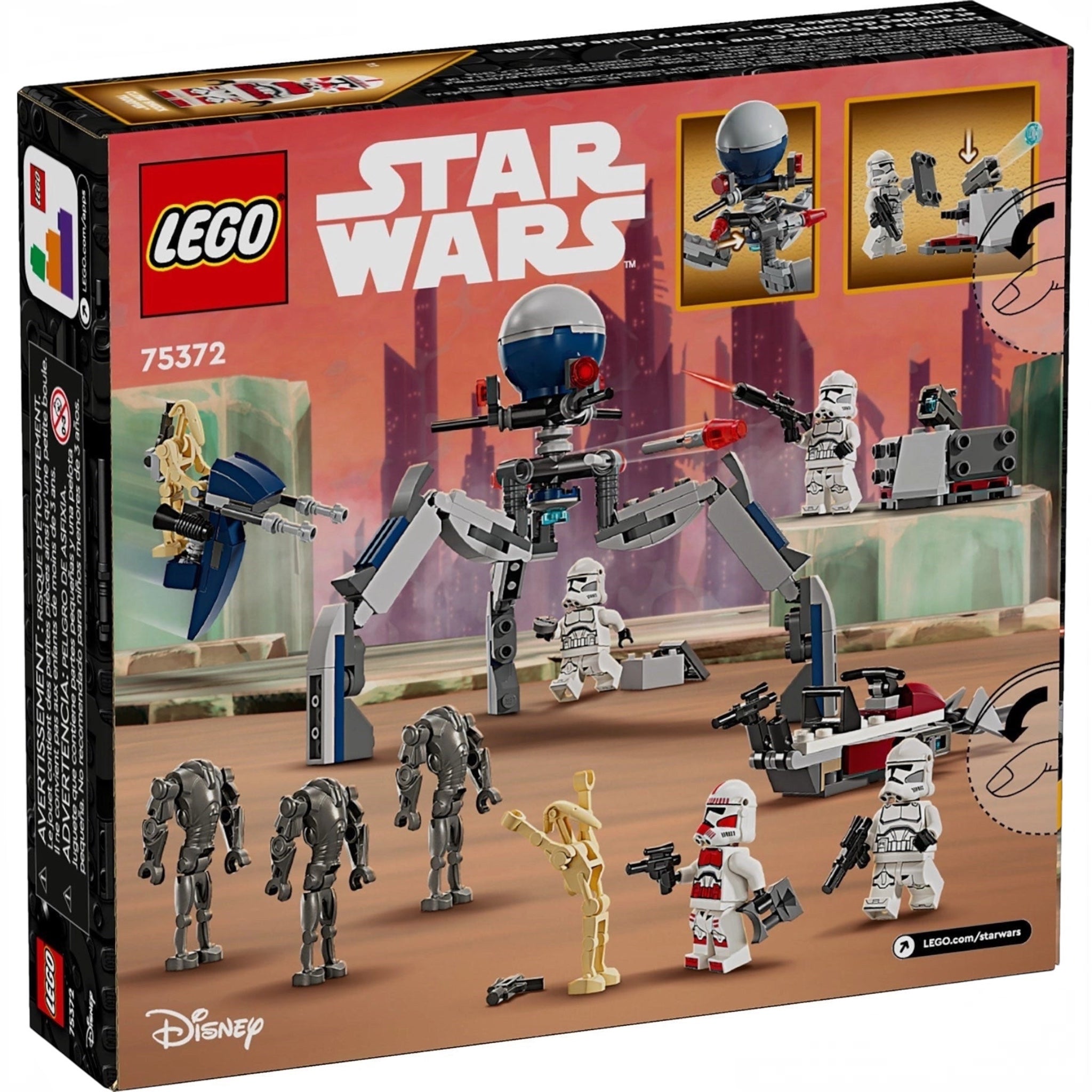 LEGO Star Wars set packaging with characters and robots on a brown background
