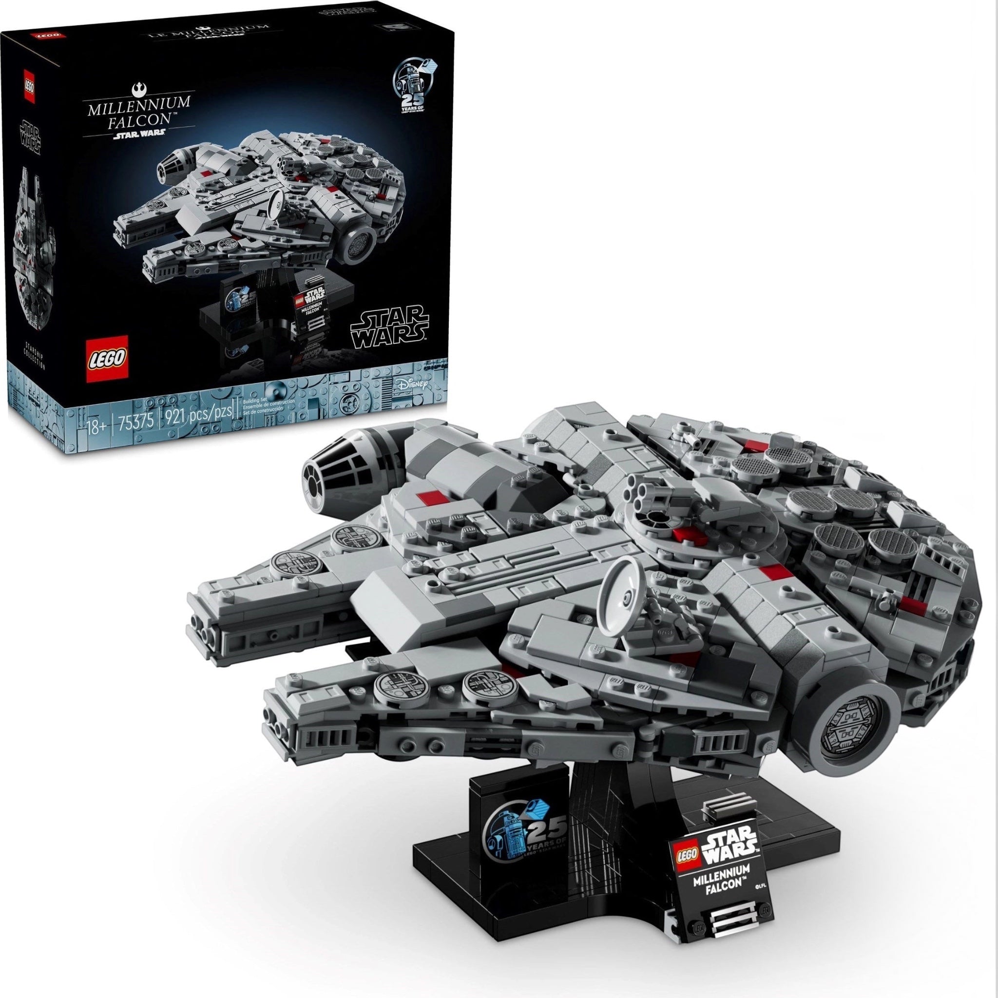 LEGO Star Wars Millennium Falcon model with packaging on a white background