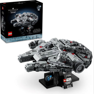 LEGO Star Wars Millennium Falcon model with packaging on a white background