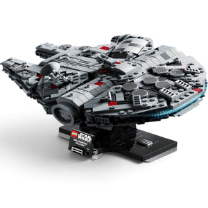 [built-white] LEGO Star Wars Millennium Falcon model on a white background