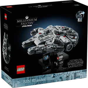 LEGO Star Wars Millennium Falcon set packaging on a black background