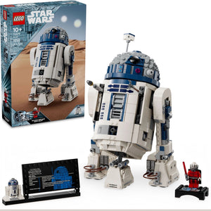 LEGO Star Wars R2-D2 set with packaging and accessories on a white background