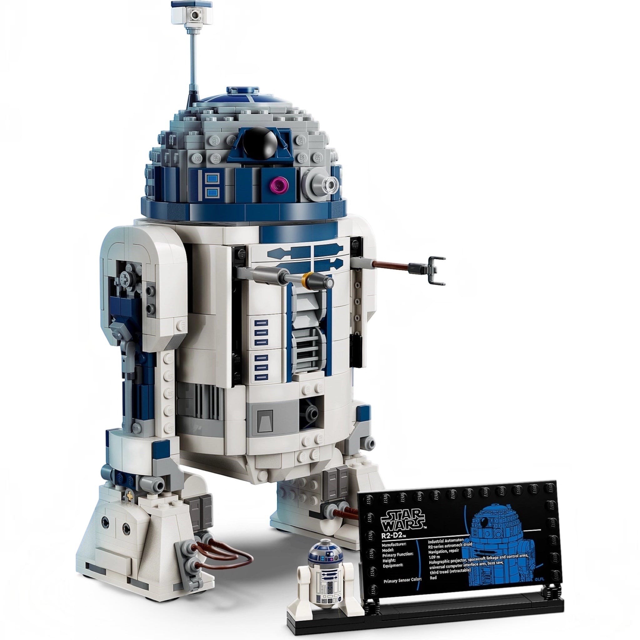 LEGO R2-D2 model from Star Wars on a white background