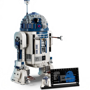 LEGO R2-D2 model from Star Wars on a white background