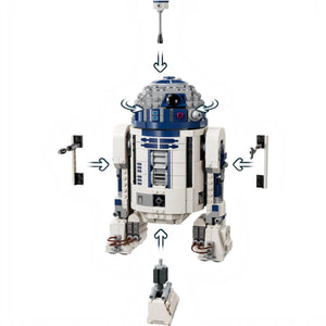 LEGO model of R2-D2 from Star Wars on a white background