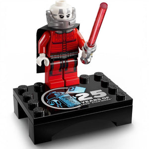 LEGO figure on a black baseplate with '25 Years of LEGO Star Wars' text