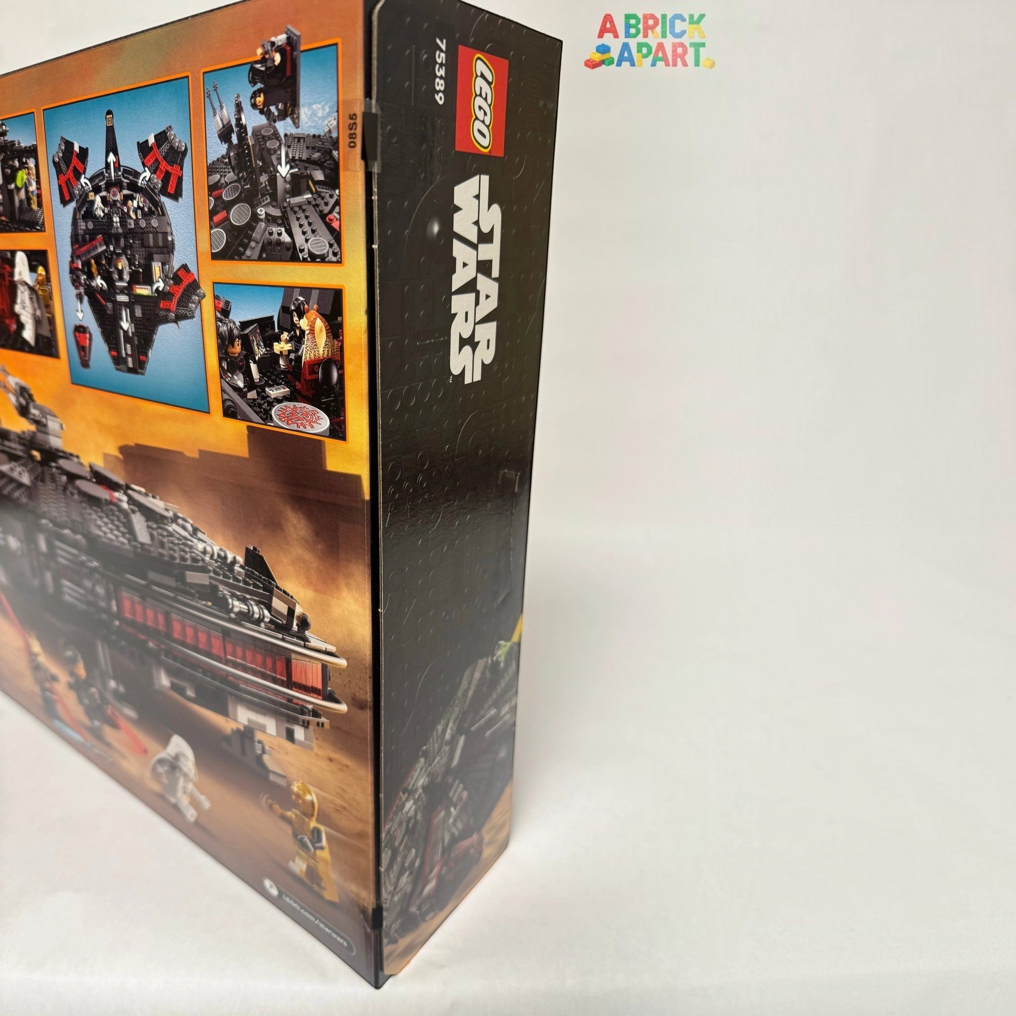 LEGO Star Wars Millennium Falcon set packaging with multiple images of the model on an orange background.