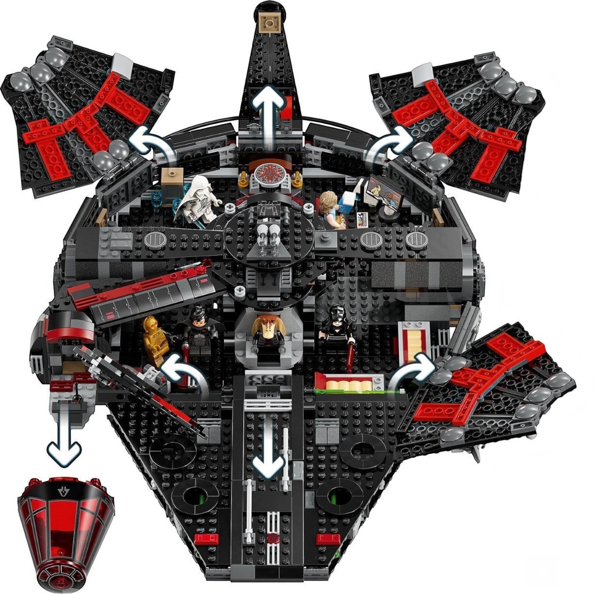 LEGO model of a spaceship with various figures on a white background