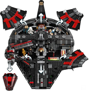 LEGO model of a spaceship with various figures on a white background